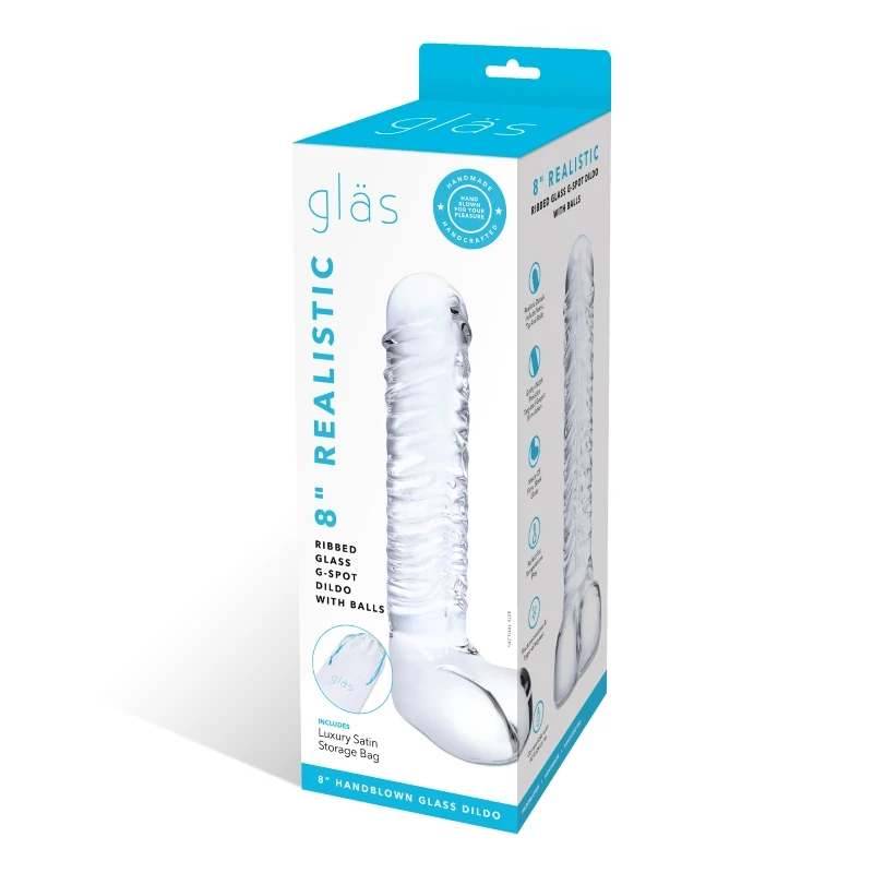 Gläs 8 Inch Realistic Ribbed Glass G-Spot Dildo With Balls