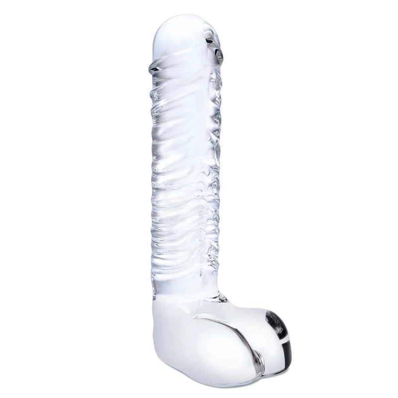 Gläs 8 Inch Realistic Ribbed Glass G-Spot Dildo With Balls