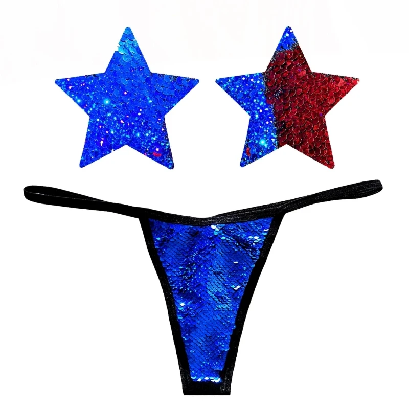 NEVA NUDE American Spirit Blue & Red Flip Sequin Nipple Pastie and Pantie Lingerie Set