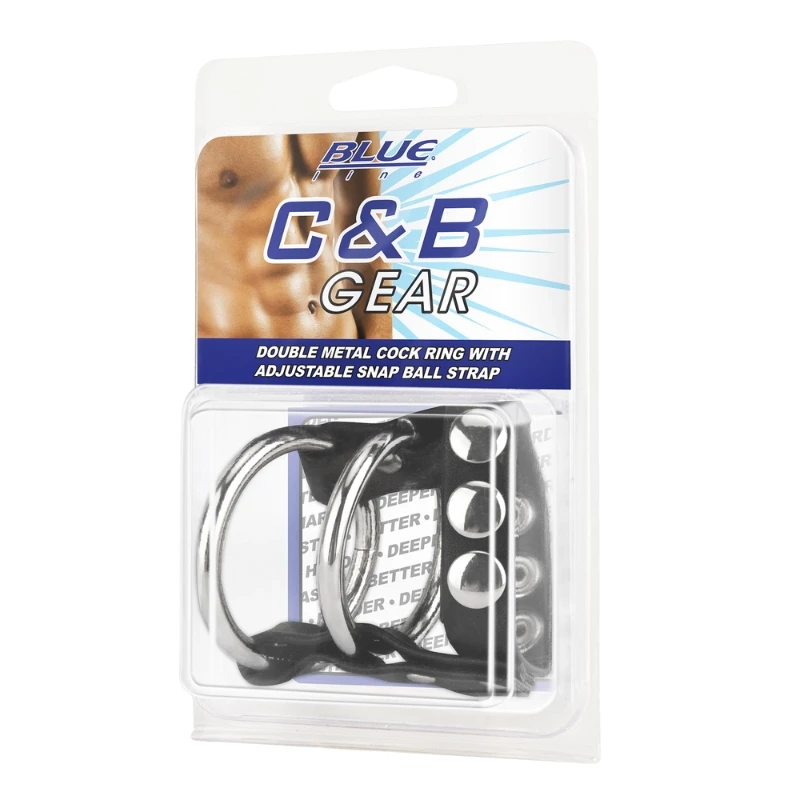 Blueline Double Metal Cock Ring With Adjustable Snap Ball Strap