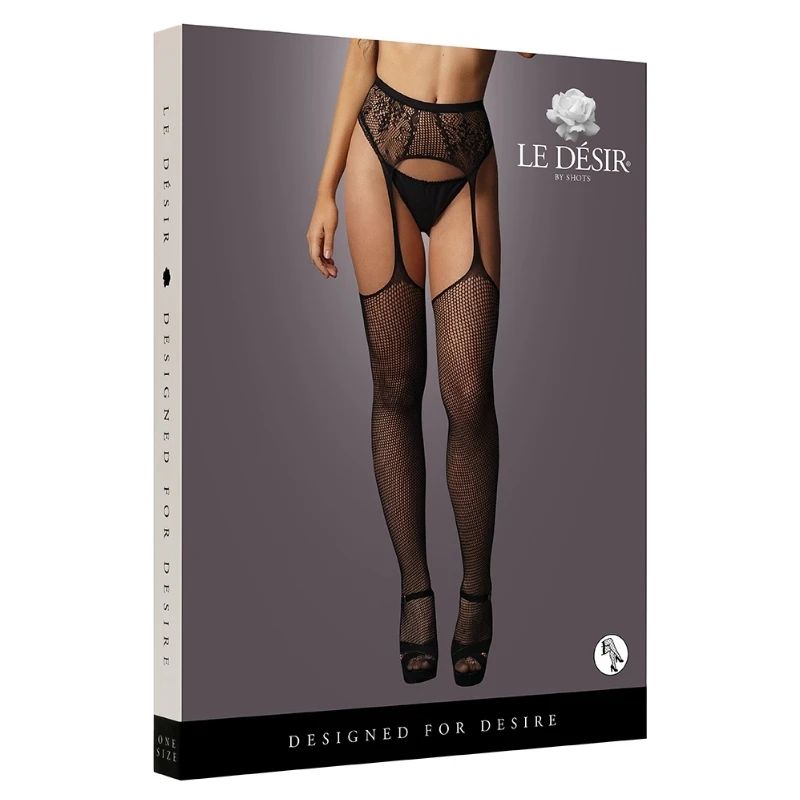 SHOTS Le Desir Fishnet and Lace Garterbelt Stockings One Size