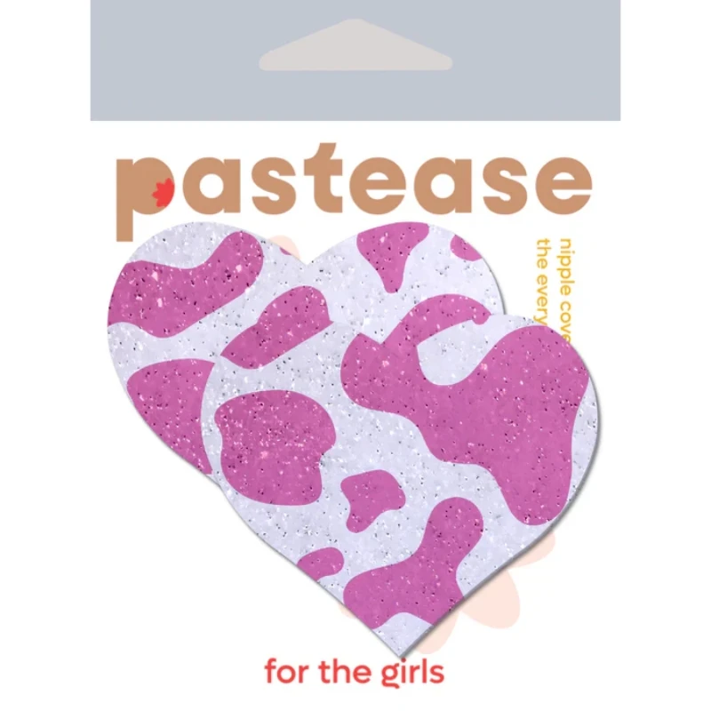 pastease Love: Pink Strawberry Cow Print Heart on Soft Glittery Velvet Nipple Pasties