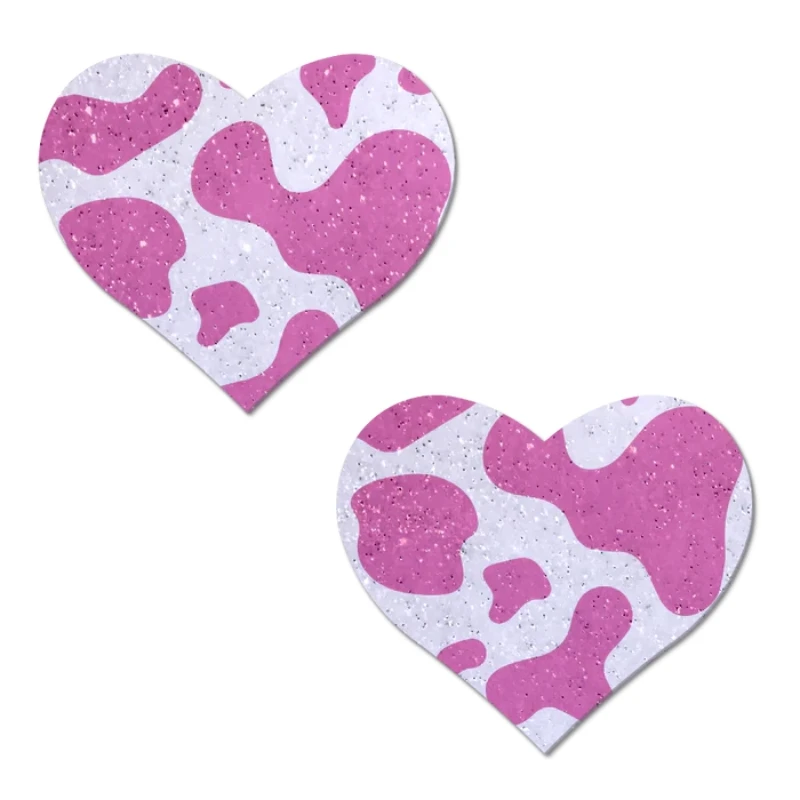 pastease Love: Pink Strawberry Cow Print Heart on Soft Glittery Velvet Nipple Pasties