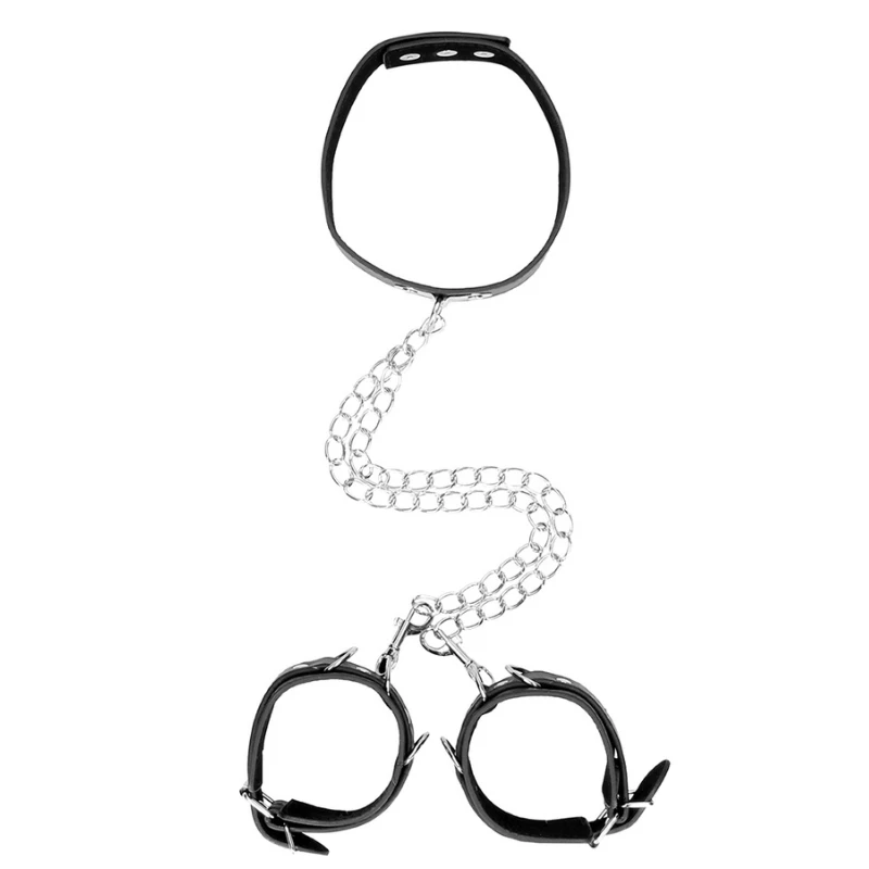 SHOTS Ouch! Black and White Bound Leather Collar with Handcuffs