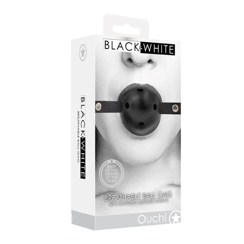 SHOTS Ouch! Black and White Breathable Ball Gag With Bonded Leather Straps