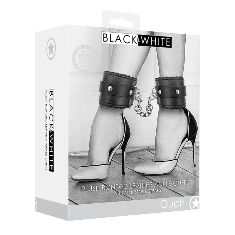 SHOTS Ouch! Black and White Plush Bound Leather Ankle Cuffs