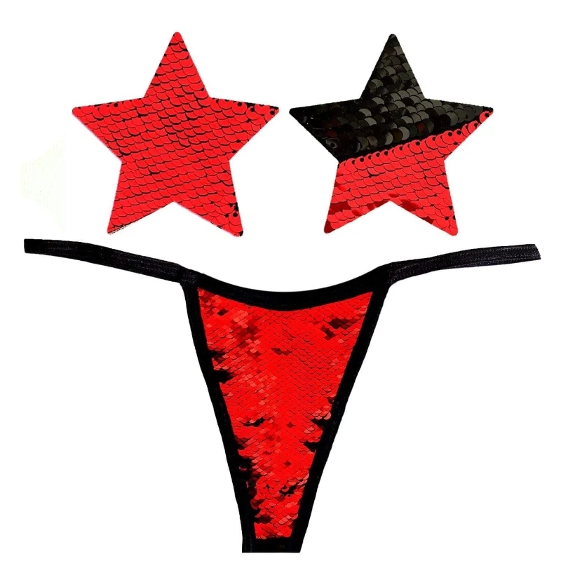 NEVA NUDE Sookie Flip Sequin Red & Black Pantie and Nipple Cover Pastie Set