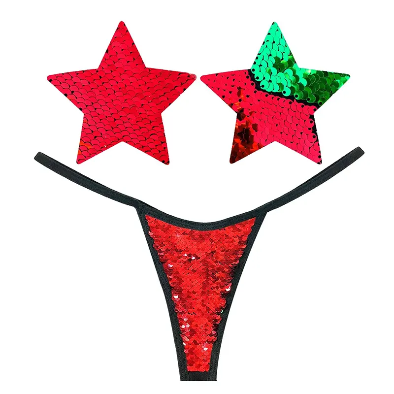 HO HO HO Christmas Red & Green Flip Sequin Pastie and Pantie Lingerie Set