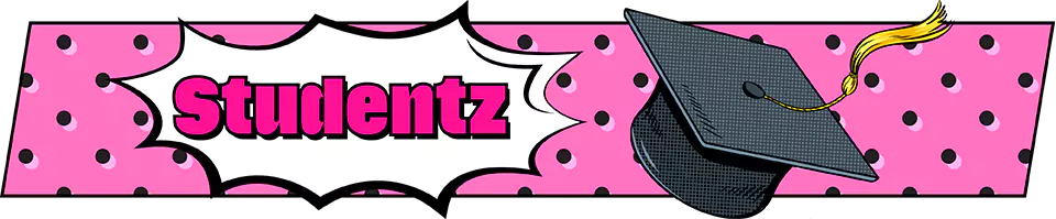 Pink banner with the title of "Studentz". With the illustration of a graduation cap.