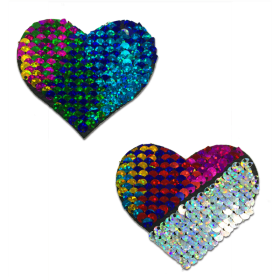 Love: Rainbow & Silver Glitter Color Changing Sequin Heart Nipple Pasties by Pastease