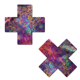 Plus X: Neon Rainbow Tie Dye Snake Print Cross Nipple Pasties by Pastease