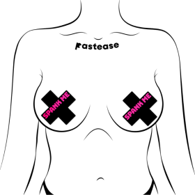 Plus X: 'Spank Me' Black Cross on Neon Pink Base Nipple Pasties by Pastease
