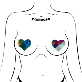 Love: Rainbow & Silver Glitter Color Changing Sequin Heart Nipple Pasties